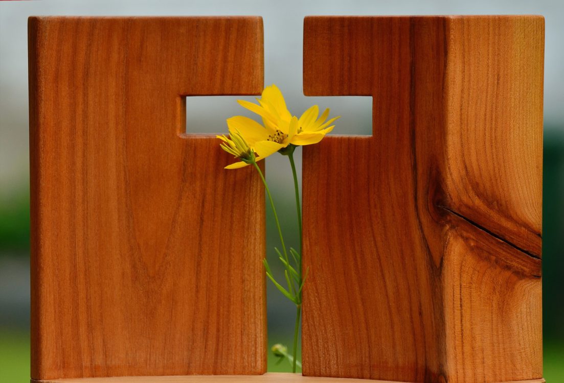 Kreuz Ausschnitt in Holz mit Blume